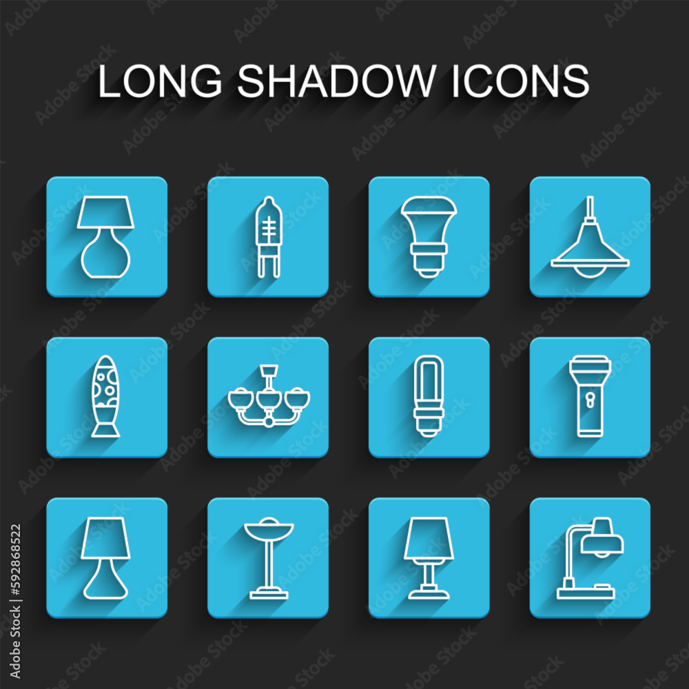Set line Table lamp, Floor, Chandelier, Flashlight and LED bulb icon. Vector Set line Table lamp, Floor, Chandelier, Flashlight and LED bulb icon. Vector