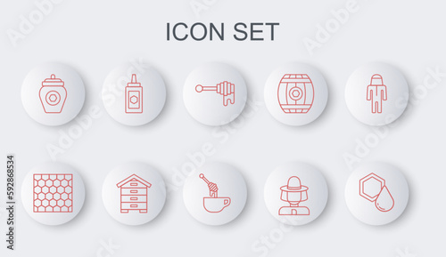 Set line Honeycomb, dipper stick with honey, Beekeeper protect hat, Jar of, Hive for bees and icon. Vector