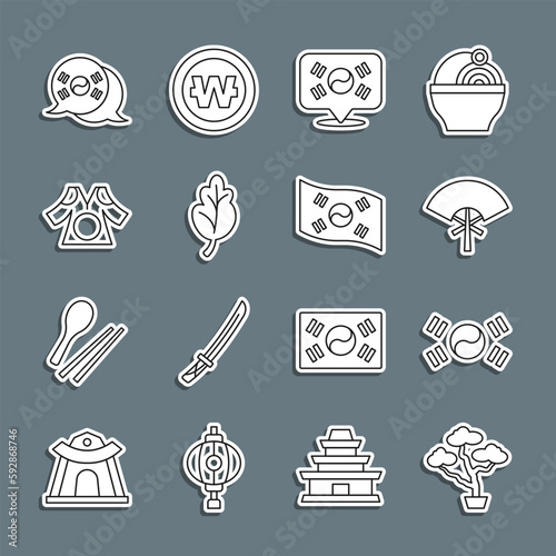 Set line Bonsai tree, South Korea flag, Traditional fan, Location, Kimchi, Kimono, and icon. Vector