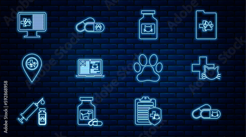 Set line Cat and pills, Veterinary clinic, medicine bottle, Clinical record cat on laptop, Location veterinary, pet monitor, Paw print and Dog icon. Vector