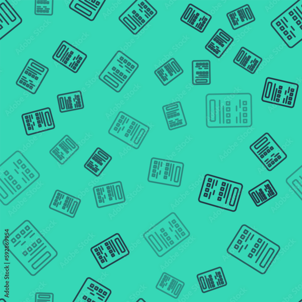 Black line Exam sheet icon isolated seamless pattern on green background. Test paper, exam, or survey concept. School test or exam. Vector Black line Exam sheet icon isolated seamless pattern on green background. Test paper, exam, or survey concept. School test or exam. Vector