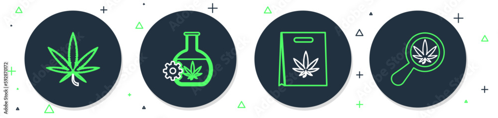Set line Test tube with marijuana, Shopping bag of, Marijuana or cannabis leaf and Magnifying glass and icon. Vector