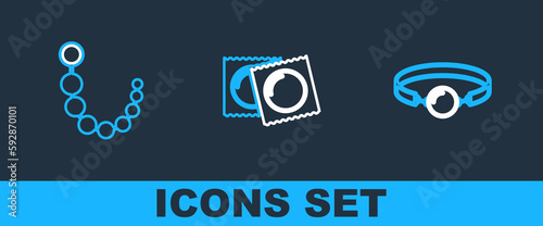Set line Silicone ball gag, Anal beads and Condoms in package icon. Vector