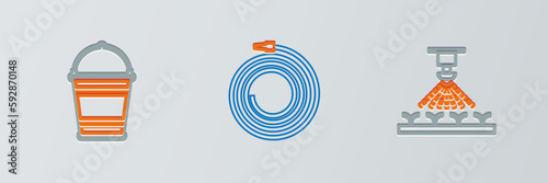 Set line Automatic irrigation sprinklers, Planting tree the ground and Garden hose or fire hose icon. Vector