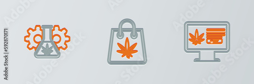 Set line Online buying marijuana, Test tube with and Shopping bag of icon. Vector