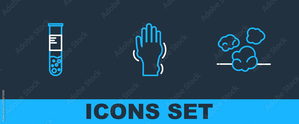 Set line Dust, Test tube and flask and Hand with psoriasis or eczema icon. Vector Set line Dust, Test tube and flask and Hand with psoriasis or eczema icon. Vector