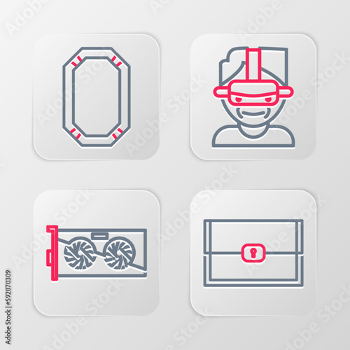 Set line Chest for game, Video graphic card, Virtual reality glasses and Poker table icon. Vector