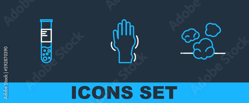 Set line Dust, Test tube and flask and Hand with psoriasis or eczema icon. Vector