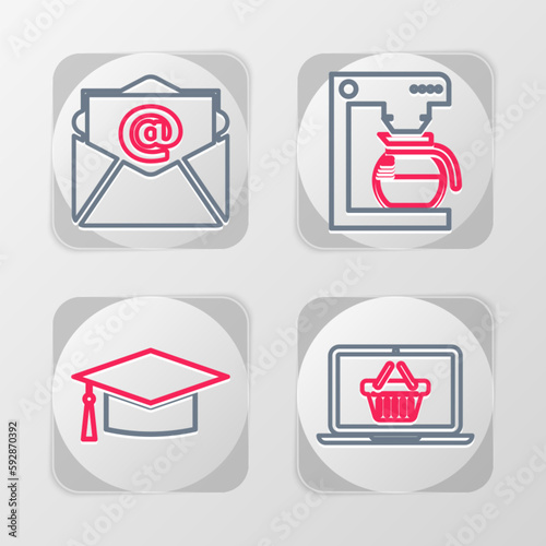 Set line Shopping basket on laptop, Graduation cap, Coffee machine with pot and Mail and e-mail icon. Vector