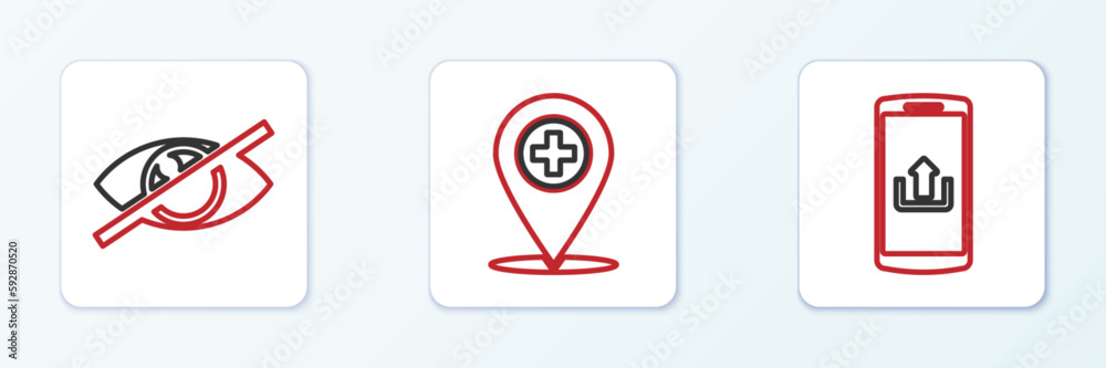 Set line Smartphone with upload, Invisible or hide and Medical location cross icon. Vector Set line Smartphone with upload, Invisible or hide and Medical location cross icon. Vector
