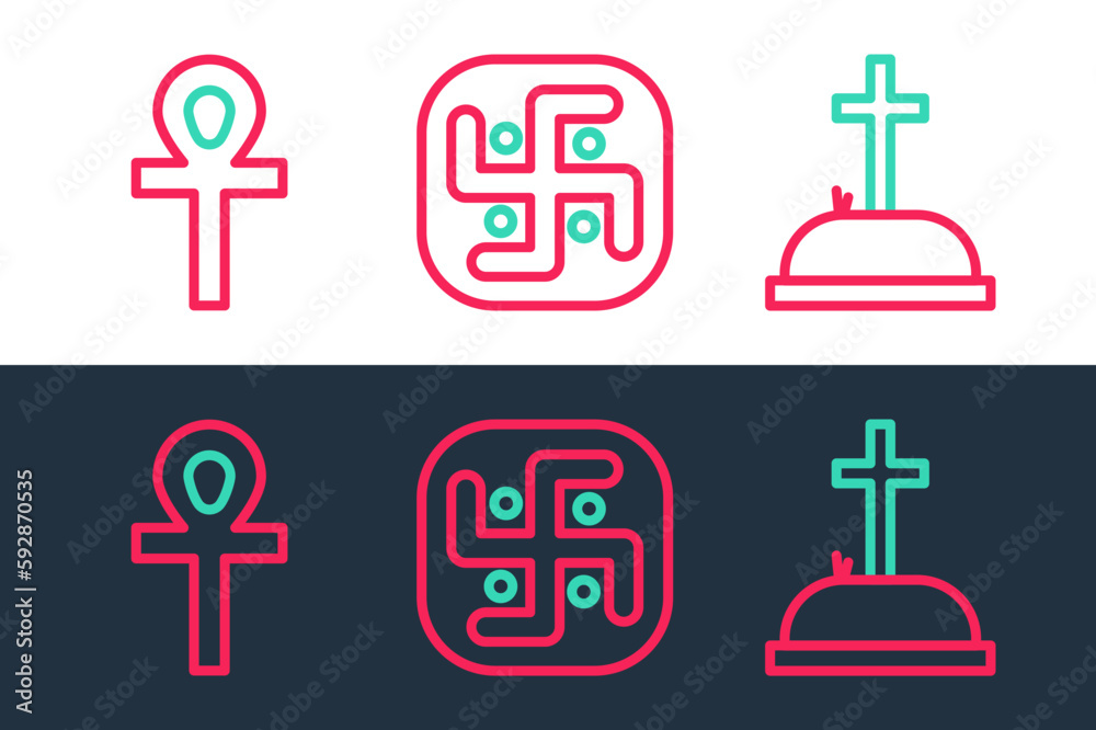 Set line Tombstone with cross, Cross ankh and Jainism icon. Vector