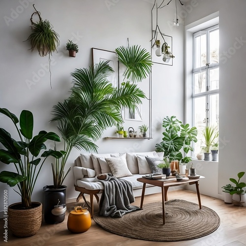 Living room with indoor plants, generative ai