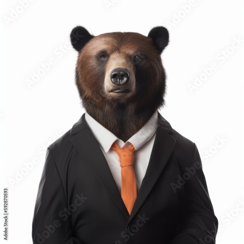 Bear in a formal business suit, an animal in human clothes, on a white background. Generative AI