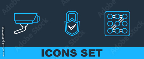 Set line Graphic password protection, Security camera and Lock and check mark icon. Vector