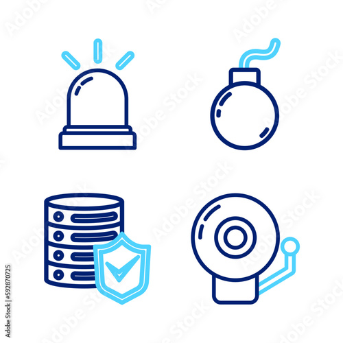 Set line Ringing alarm bell, Server with shield, Bomb ready to explode and Motion sensor icon. Vector