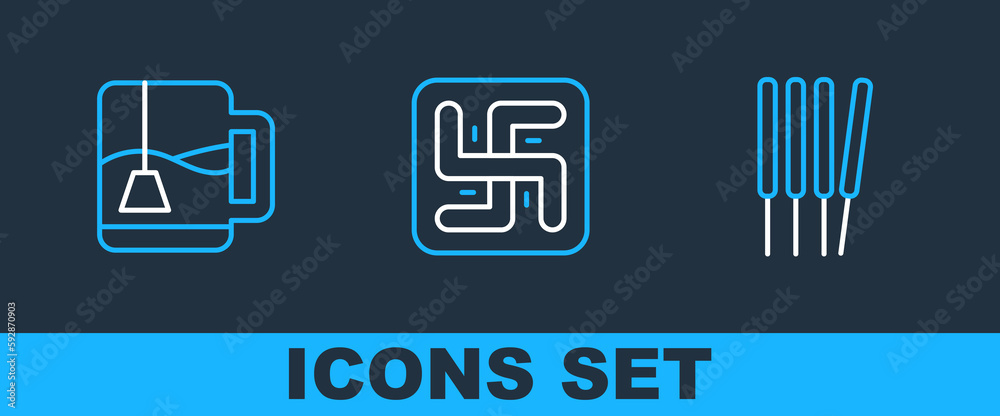 Set line Aroma sticks, incense, Cup of tea with tea bag and Hindu swastika icon. Vector Set line Aroma sticks, incense, Cup of tea with tea bag and Hindu swastika icon. Vector