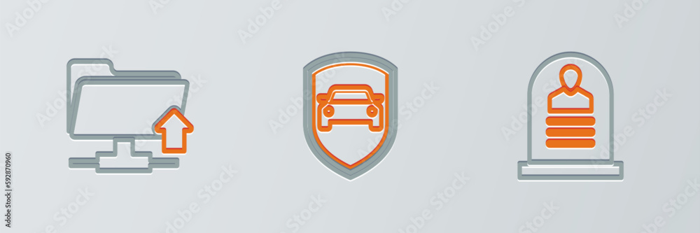 Set line Tombstone with RIP written, FTP folder upload and Car protection or insurance icon. Vector Set line Tombstone with RIP written, FTP folder upload and Car protection or insurance icon. Vector