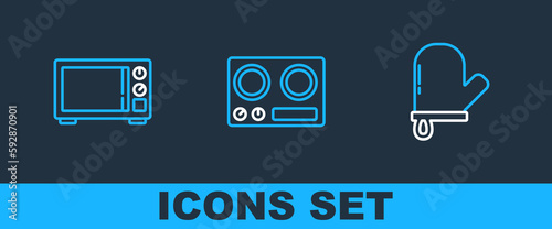 Set line Oven glove, Microwave oven and Gas stove icon. Vector