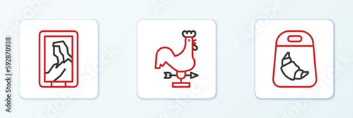 Set line Croissant package, Portrait in museum and Rooster weather vane icon. Vector