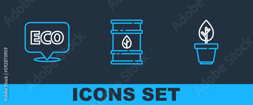 Set line Plant in pot, Label for eco healthy food and Bio fuel barrel icon. Vector