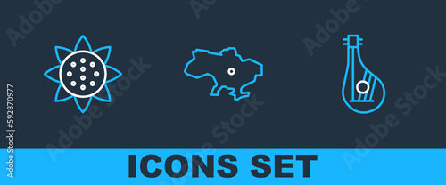 Set line Bandura, Sunflower and Map of Ukraine icon. Vector