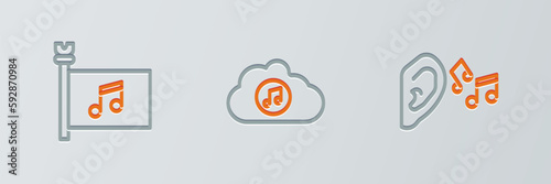 Set line Ear listen sound signal, Music festival flag and streaming service icon. Vector