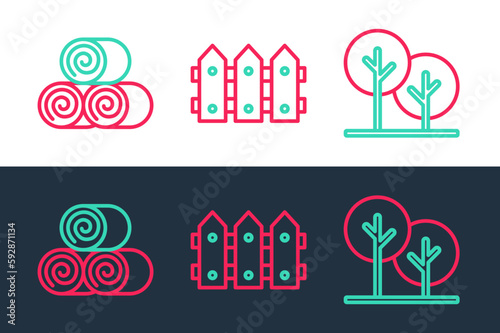Set line Tree, Roll of hay and Garden fence wooden icon. Vector