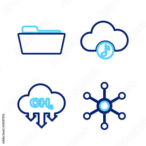 Set line Network, Methane emissions reduction, Music streaming service and Folder icon. Vector