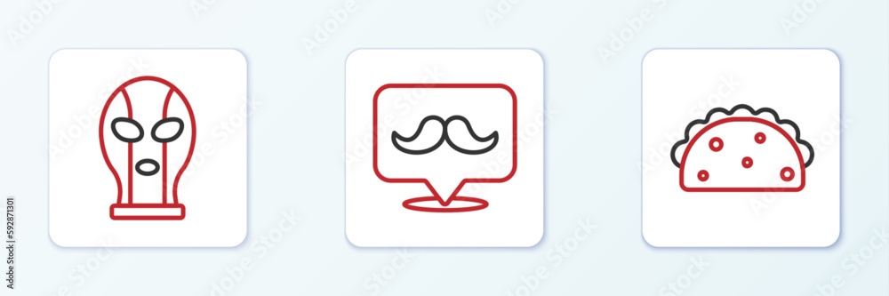 Set line Taco with tortilla, Mexican wrestler and Mustache icon. Vector Set line Taco with tortilla, Mexican wrestler and Mustache icon. Vector