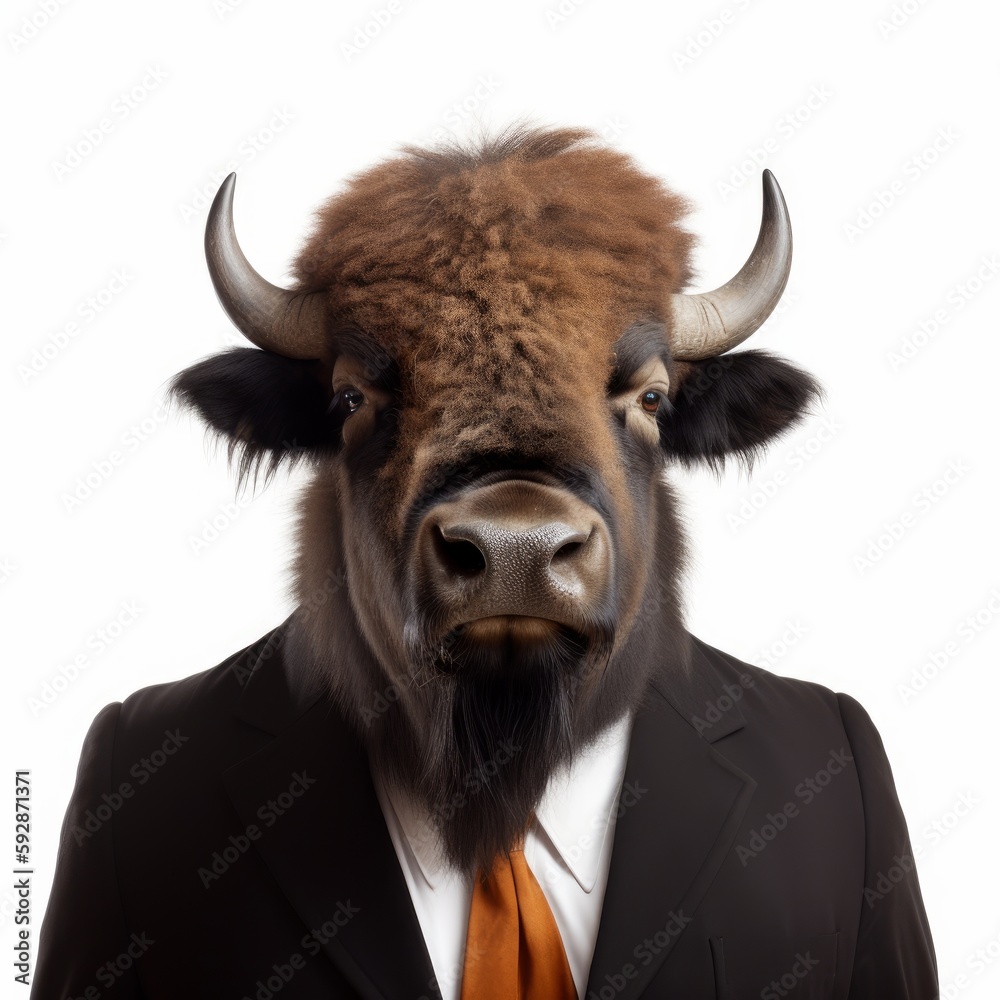 Bison in a formal business suit, an animal in human clothes, in front of a white background. Generative AI Bison in a formal business suit, an animal in human clothes, in front of a white background. Generative AI