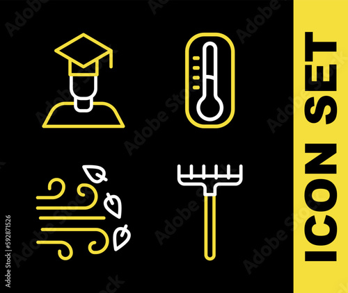 Set line Thermometer  Garden rake  Windy weather and Graduate and graduation cap icon. Vector