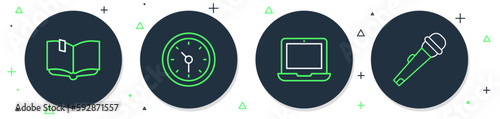 Set line Clock, Laptop, Open book and Microphone icon. Vector