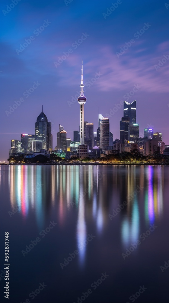 Obraz premium city skyline in the evening with reflection in water
