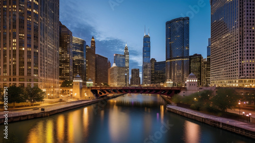 city skyline in the evening with reflection in water