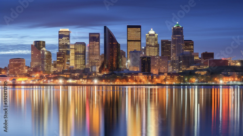 city skyline in the evening with reflection in water