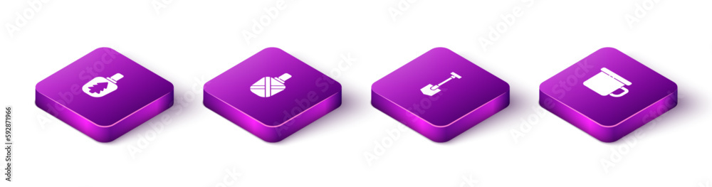 Set Isometric Canteen water bottle, , Shovel and Camping metal mug icon. Vector