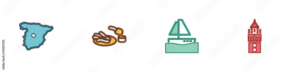 Set Map of Spain, Churros and chocolate, Yacht sailboat and Giralda icon. Vector Set Map of Spain, Churros and chocolate, Yacht sailboat and Giralda icon. Vector