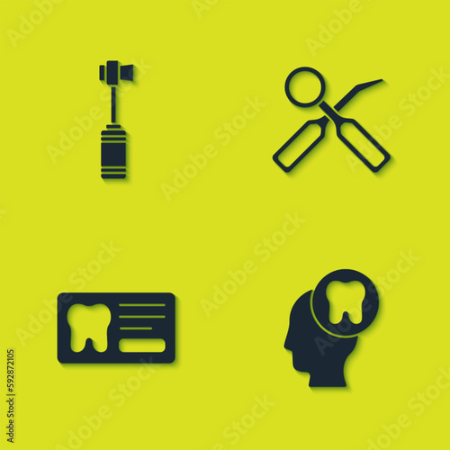 Set Toothbrush, Human head with tooth, Dental card and inspection mirror icon. Vector