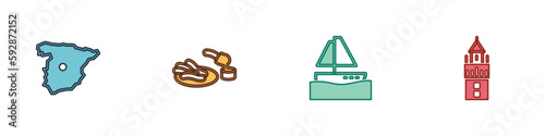 Set Map of Spain, Churros and chocolate, Yacht sailboat and Giralda icon. Vector