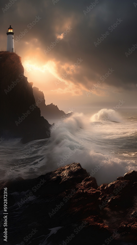 sunset over the stormy sea and lighthouse at coastline