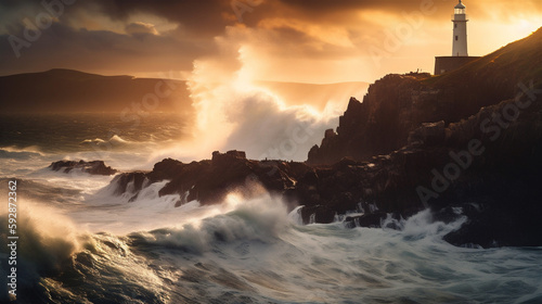 sunset over the stormy sea and lighthouse at coastline