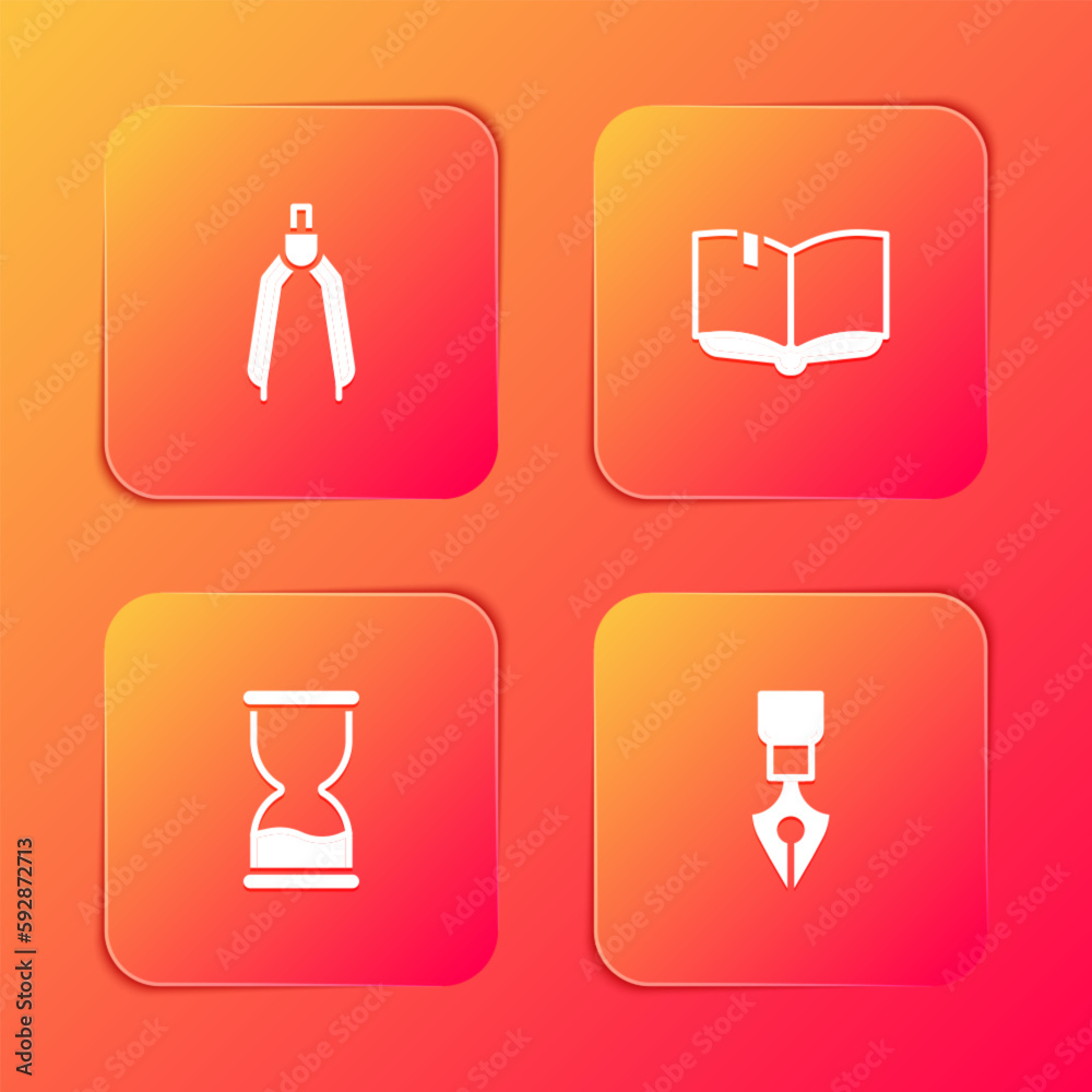 Set Drawing compass, Open book, Old hourglass and Fountain nib icon. Vector