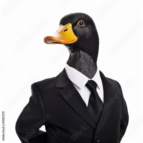 Duck in a formal business suit, an animal in human clothes, in front of a white background. Generative AI