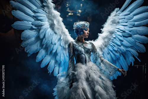 Beautiful Blue Angel with Wings created with Generative AI technology photo
