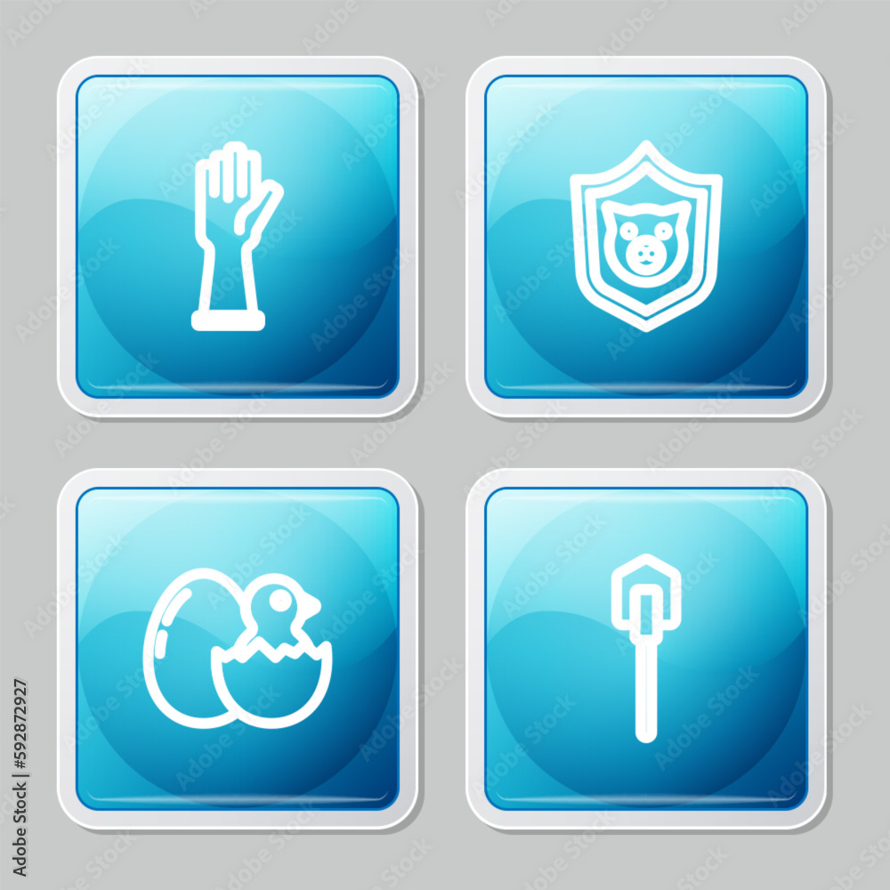 Set line Rubber gloves, Shield with pig, Little chick in cracked egg and Shovel icon. Vector Set line Rubber gloves, Shield with pig, Little chick in cracked egg and Shovel icon. Vector