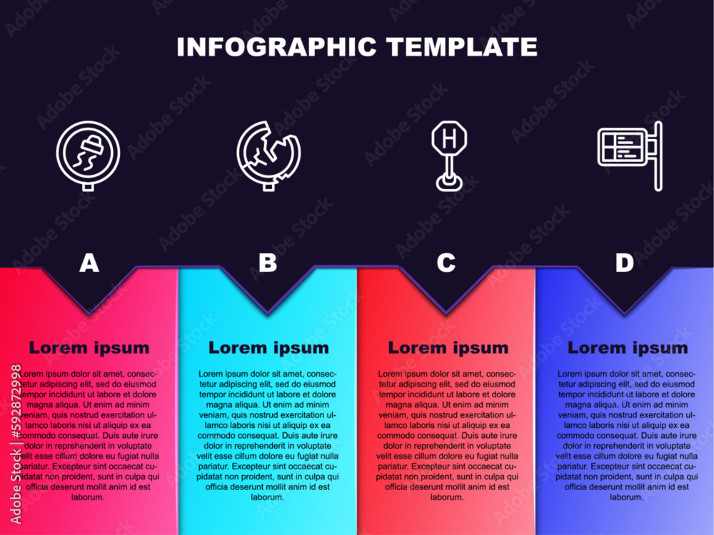 Set line Slippery road traffic, Road sign, Hospital and ublic transport board. Business infographic template. Vector Set line Slippery road traffic, Road sign, Hospital and ublic transport board. Business infographic template. Vector