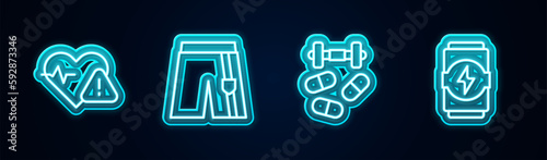 Set line Heart rate, Short or pants, Sports doping with dumbbell and Energy drink. Glowing neon icon. Vector
