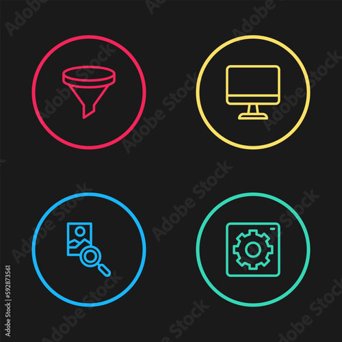 Set line Photo retouching, Computer api interface, monitor and Funnel filter icon. Vector