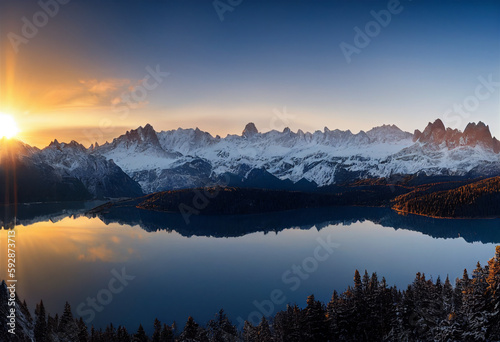 Sunset over Snowy Mountains and Tranquil Lake Reflection