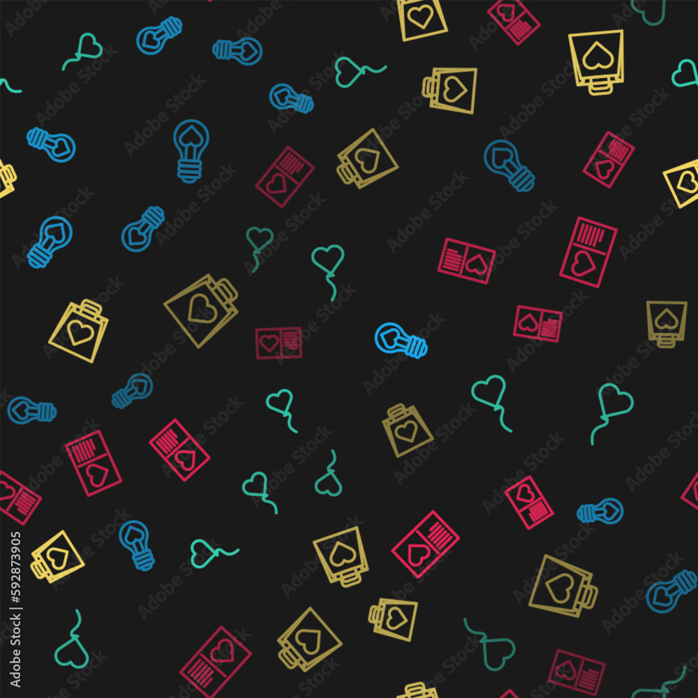 Set line Heart shape in light bulb, Balloon form of heart, Shopping bag with and Valentines day flyer on seamless pattern. Vector Set line Heart shape in light bulb, Balloon form of heart, Shopping bag with and Valentines day flyer on seamless pattern. Vector